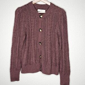 LOFT Soft Cable Knit Button Cardigan Mauve Purple Ribbed Cozy Sweater Womens M